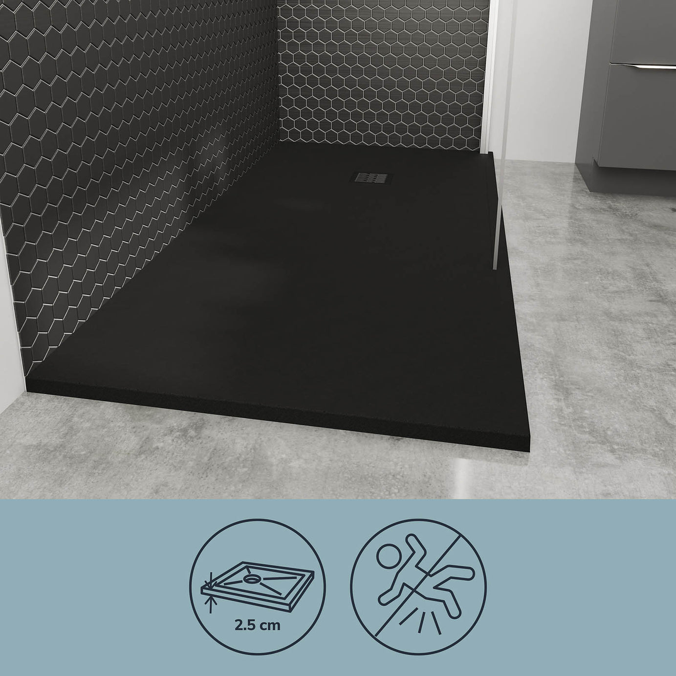 Shower Tray Matt Black 28mm Rectangular Centre Drain 	Antibacterial Bathroom - Image 6