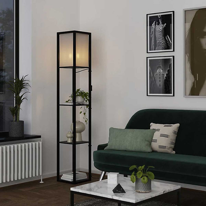 Floor Lamp Bamboo 4-Tier Storage Display Shelf Matt Black And White Modern - Image 2