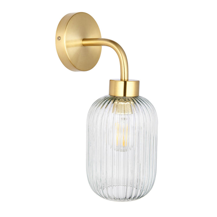 Wall Light Ribbed Glass Shade Steel Brushed Gold Finish Dimmable Vintage - Image 2