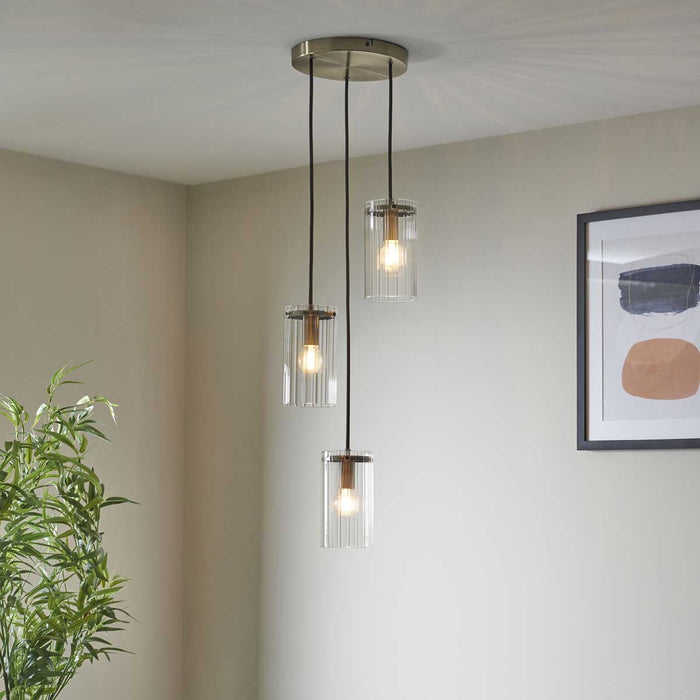 Pendant Ceiling Light 3 LED Lamp Ribbed Glass Steel Antique Brass (Dia)270mm - Image 3