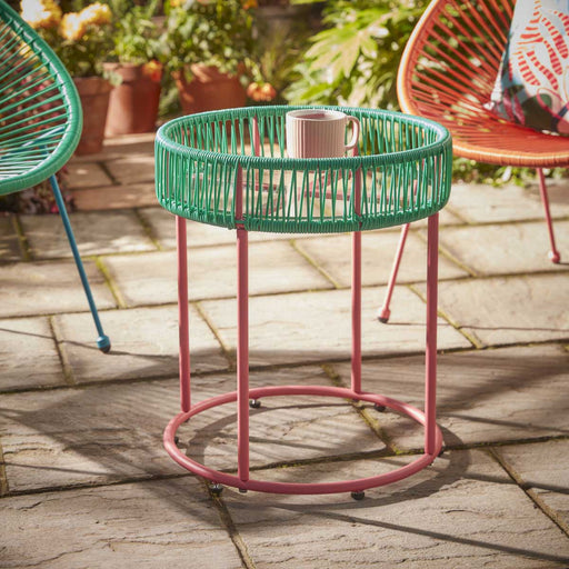 Garden Side Table Green Pink Metal Round with Glass Tabletop Outdoor Furniture - Image 1
