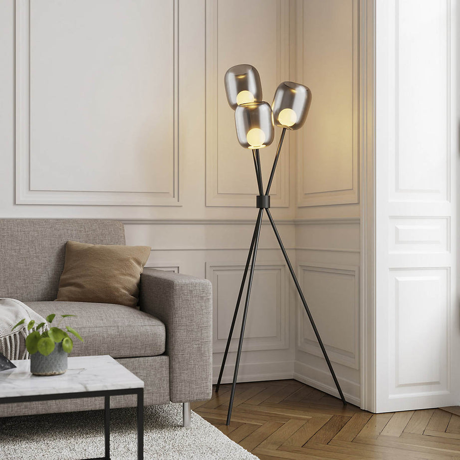 Floor Lamp Tripod LED Smokey Glass Metal Matt Black Contemporary 1510mm - Image 1