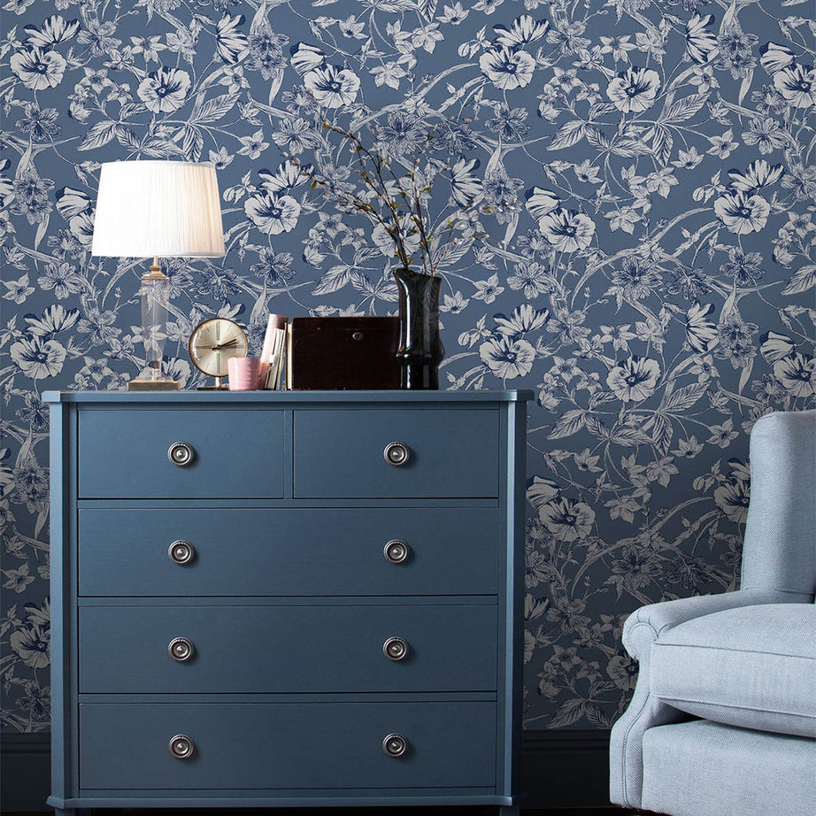 Wallpaper Summerhill Midnight Blue Floral Smooth Patterned Covers Imperfections - Image 3