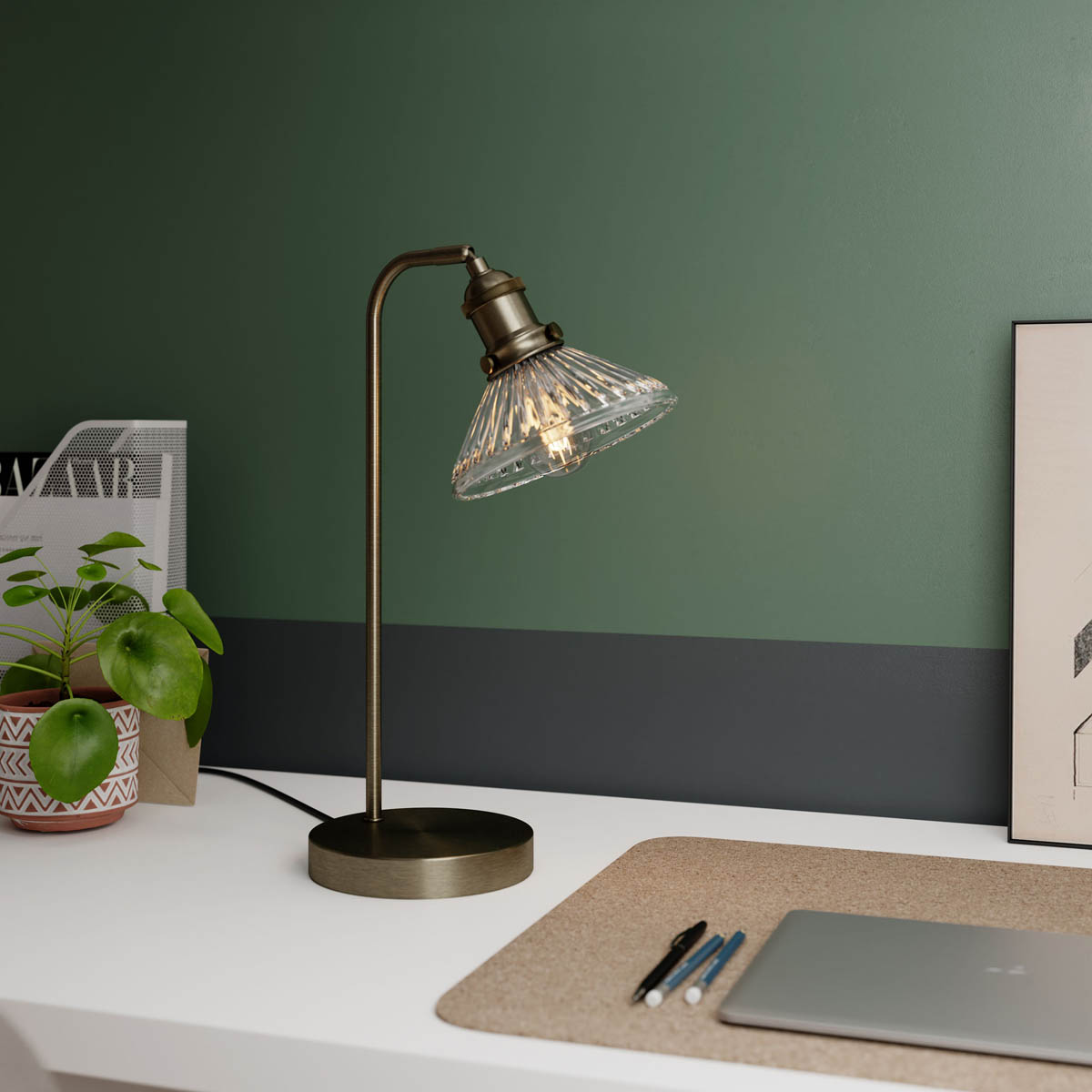 Table Lamp Brushed Metal Satin Pewter Effect Clear Glass Modern Industrial - Image 3