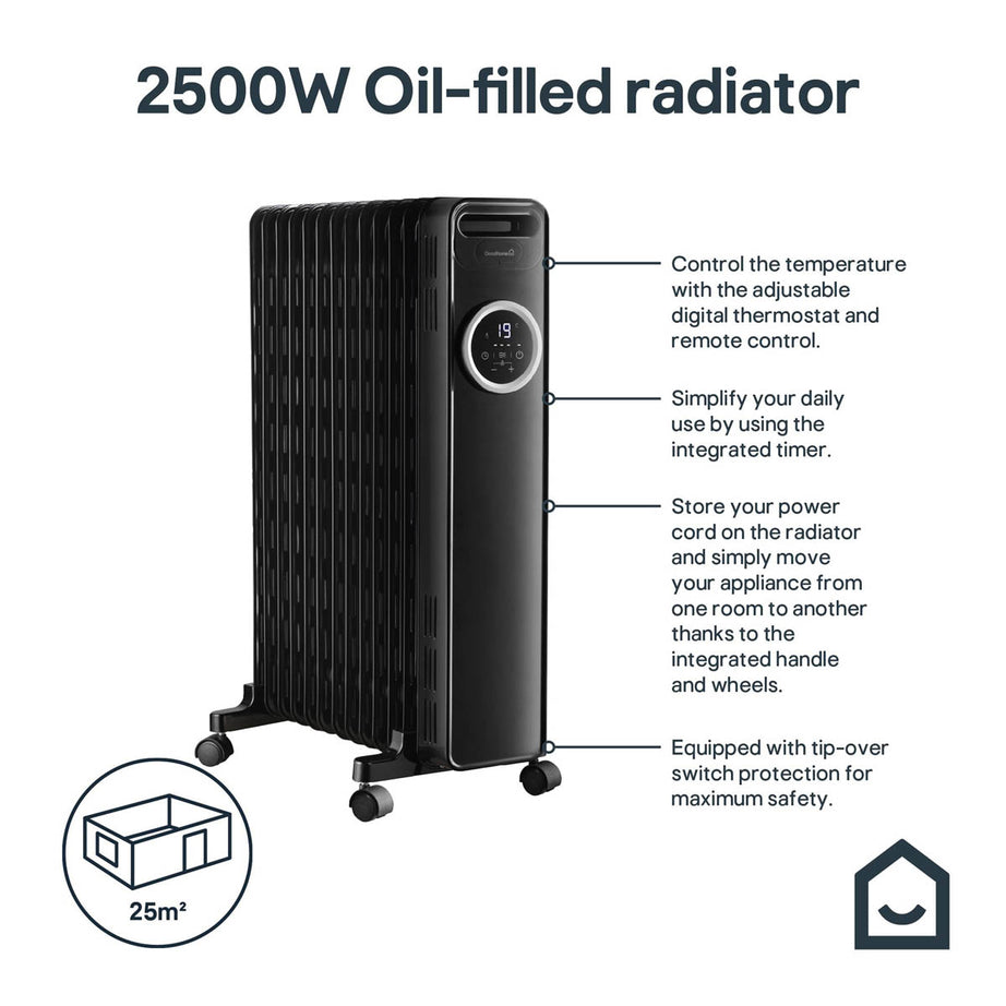 Oil Filled Radiator Portable Black 3 Heat Settings Thermostat Freestanding 2.5W - Image 2