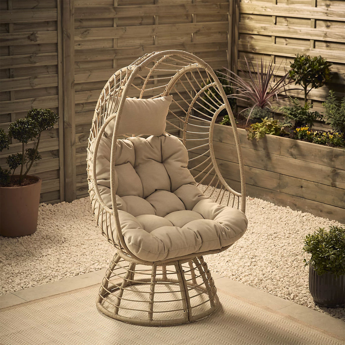 GoodHome Omalos Hanging Egg Chair Beige Rattan Effect Garden Seat - Image 8