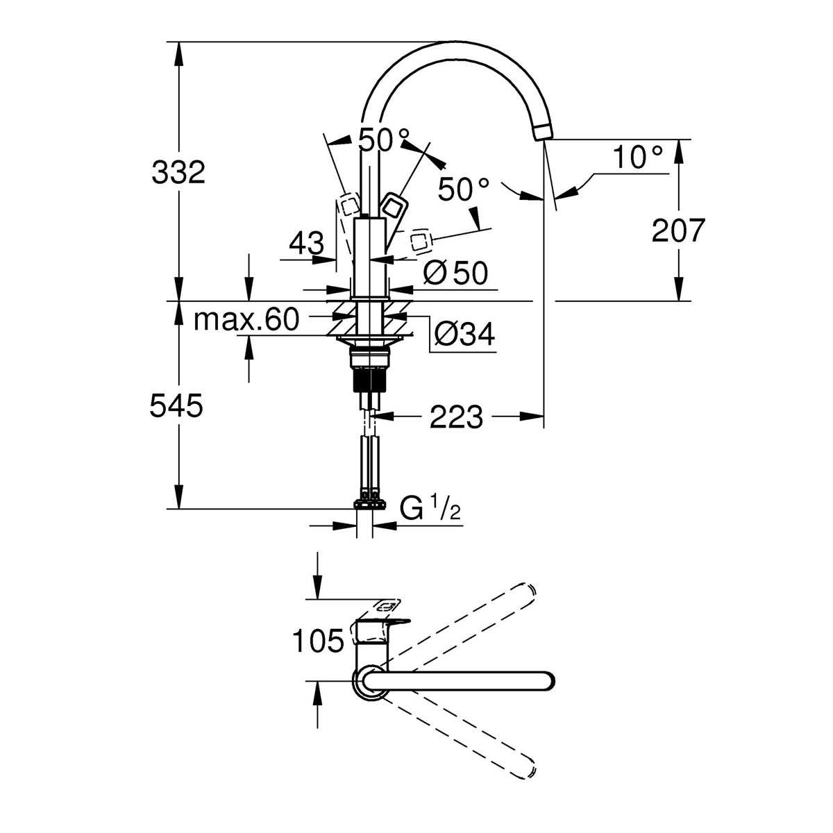 Grohe Kitchen Mixer Tap Side Lever Swivel Brass Chrome Plated Contemporary - Image 3