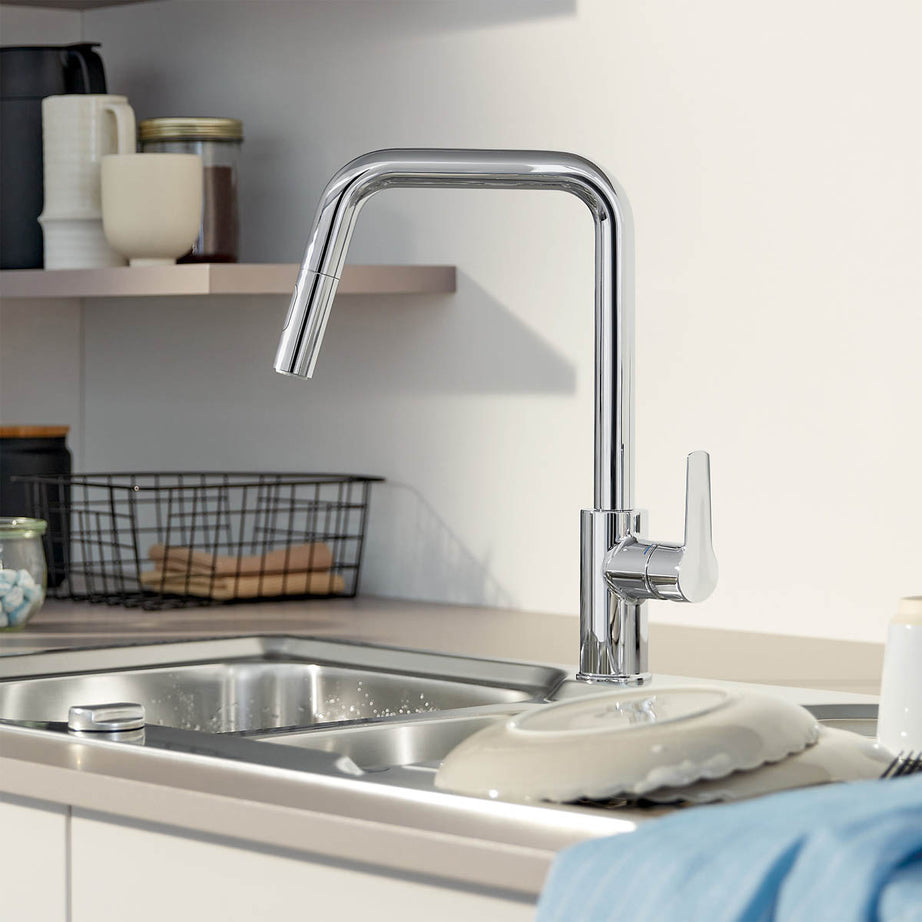 Grohe Kitchen Tap Mixer Chrome Pull Out Single Lever Swivel Spout Modern Faucet - Image 2