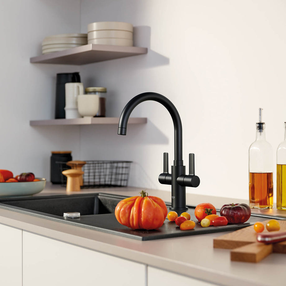 Grohe Kitchen Tap Mixer Matt Black Dual Lever Swivel Spout Contemporary Faucet - Image 2