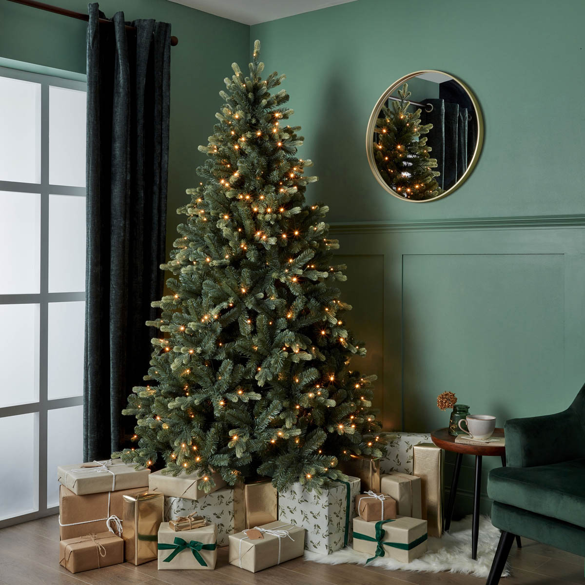 Artificial Christmas Tree 7ft Green LED Pre-Lit Warm White Home Decor Indoor - Image 1
