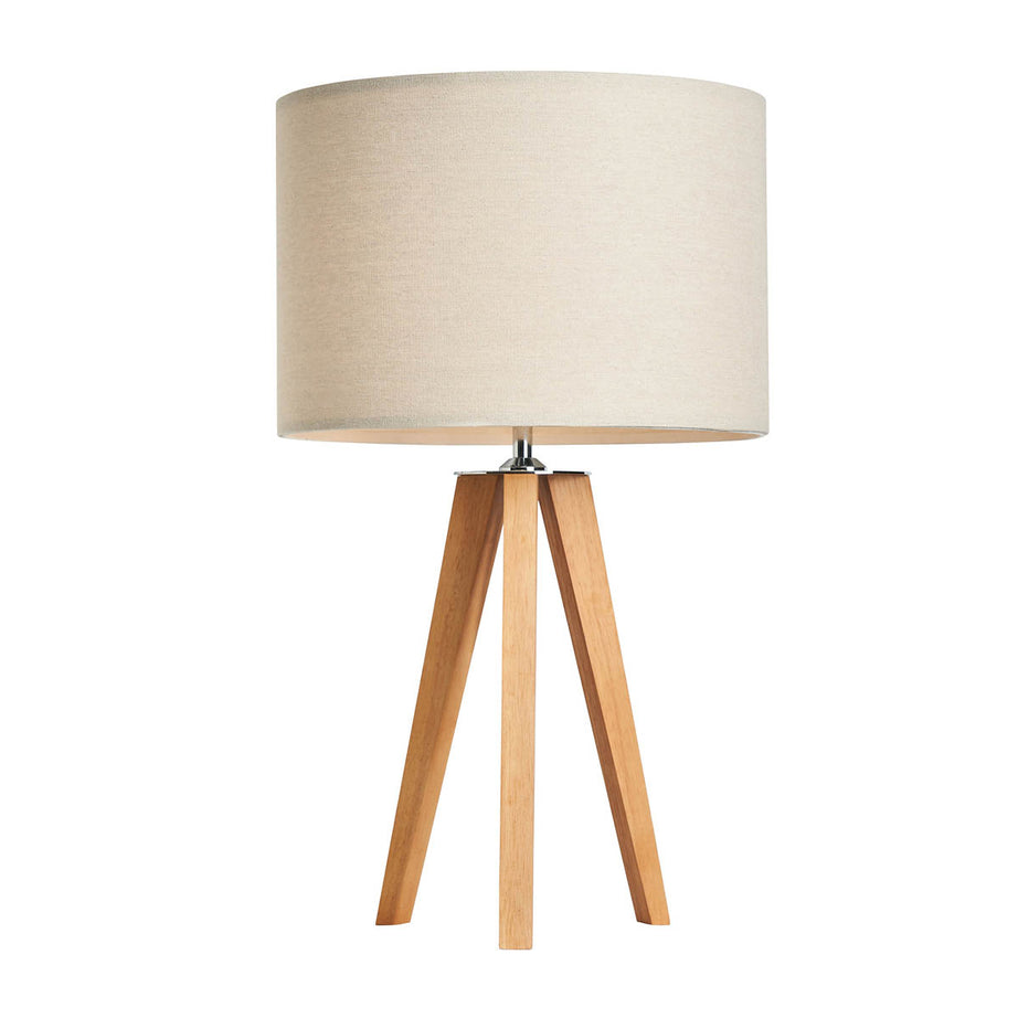 Inlight Table Lamp White Fabric Shade Natual Wood Effect Tripod Modern 500mm - Image 1