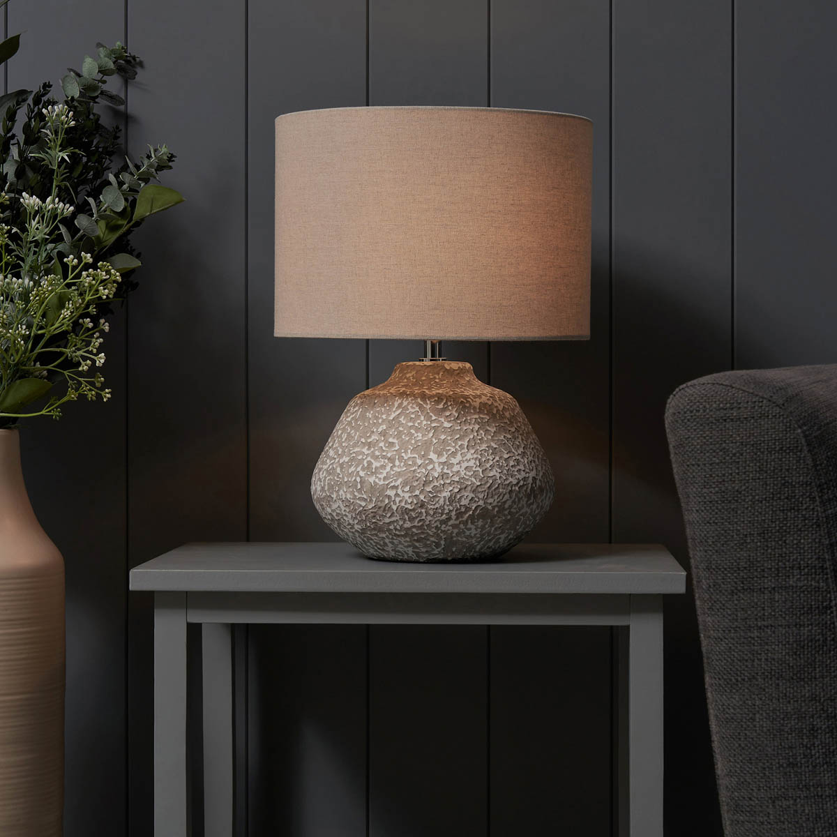 Table Lamp Round Ceramic Sandy Matt Natural Fabric Contemporary (H)40 (Dia)29cm - Image 5