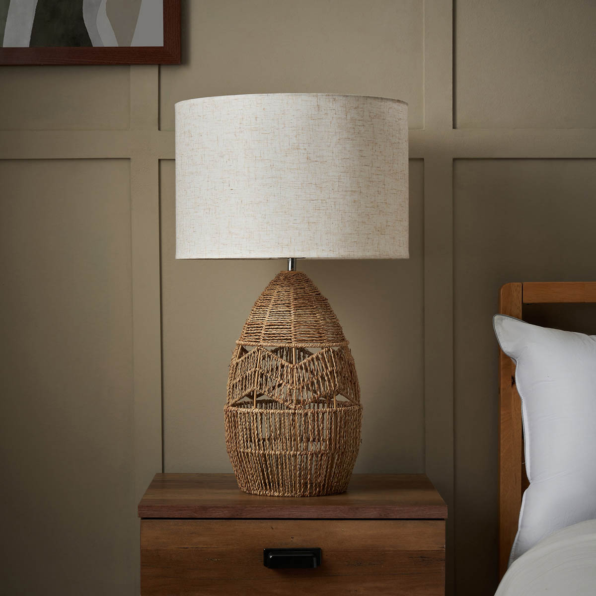 Inlight Table Lamp String Round Matt Natural Rattan Effect Drum Shade Modern - Image 4