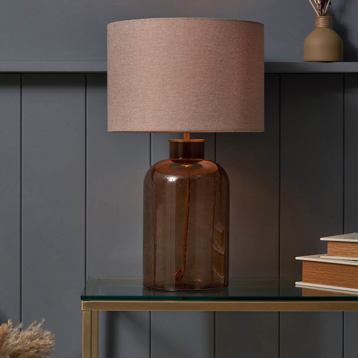 Inlight Table Lamp Glass Bottle Bubbles Amber Antique Effect Round Bedside Light - Image 5