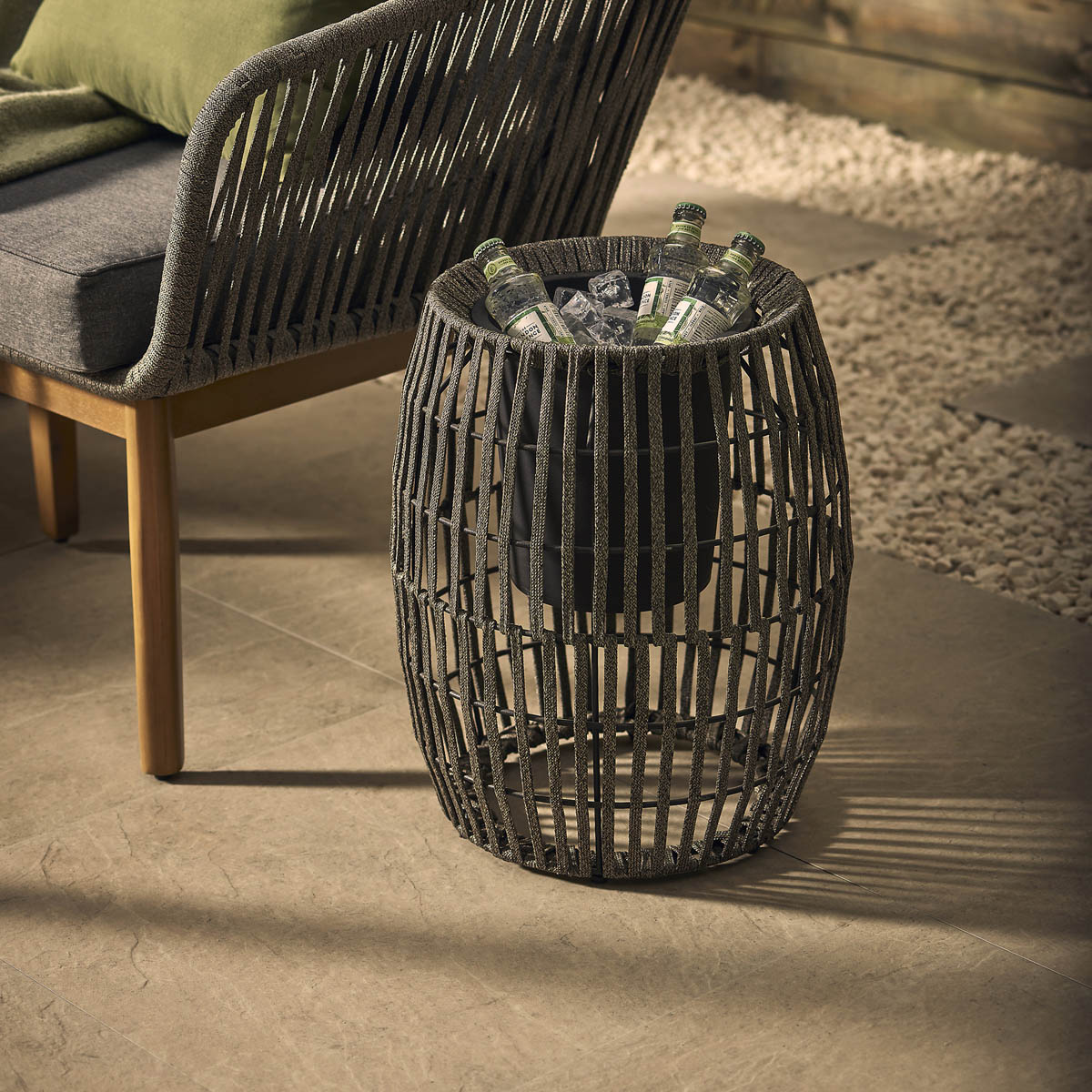 Outdoor Side Table Round Dark Grey Wood Steel Rope Rust Resistant Modern - Image 3
