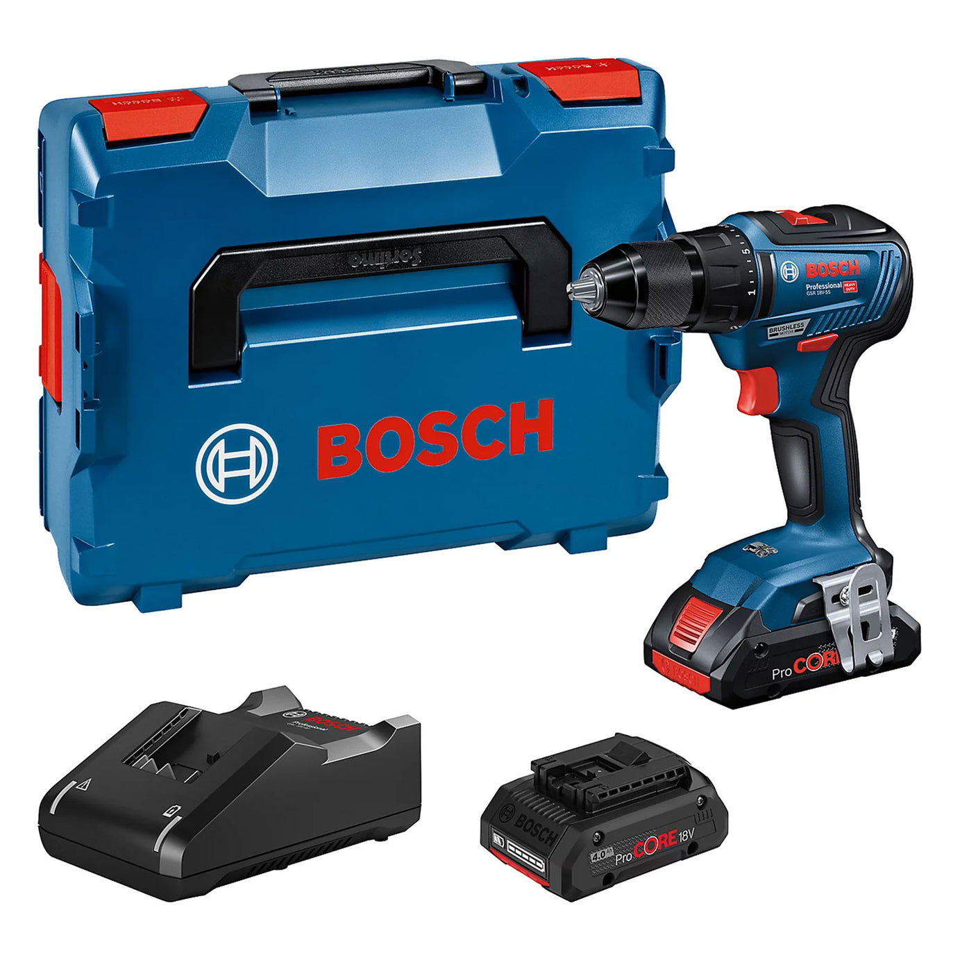 Bosch Professional GSB 18V-55 Brushless Combi Drill 2x4Ah Batteries - Image 1