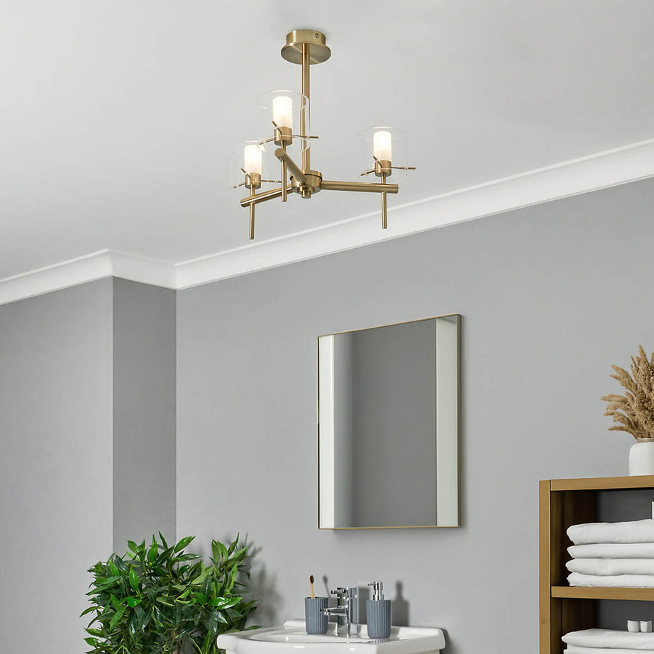 LED Ceiling Light 3 Way Satin Brass G9 IP44 Glass Steel Living Room Bedroom - Image 3