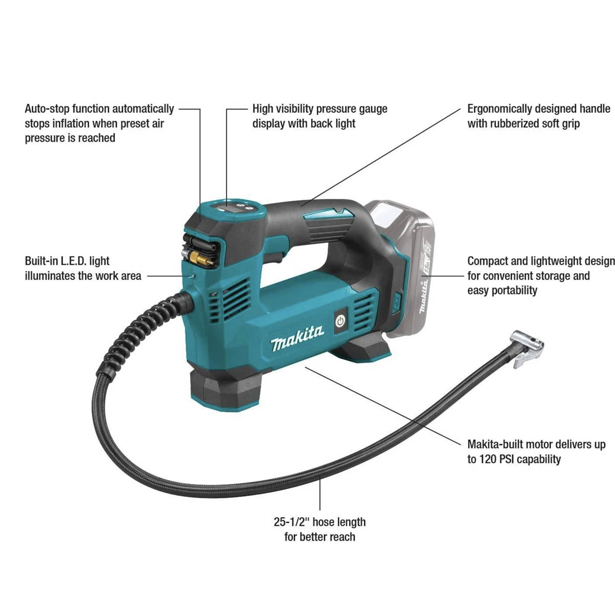 Makita Air Inflator Cordless 18V Li-Ion DMP180Z Car Tyre Pump Portable Body Only - Image 2