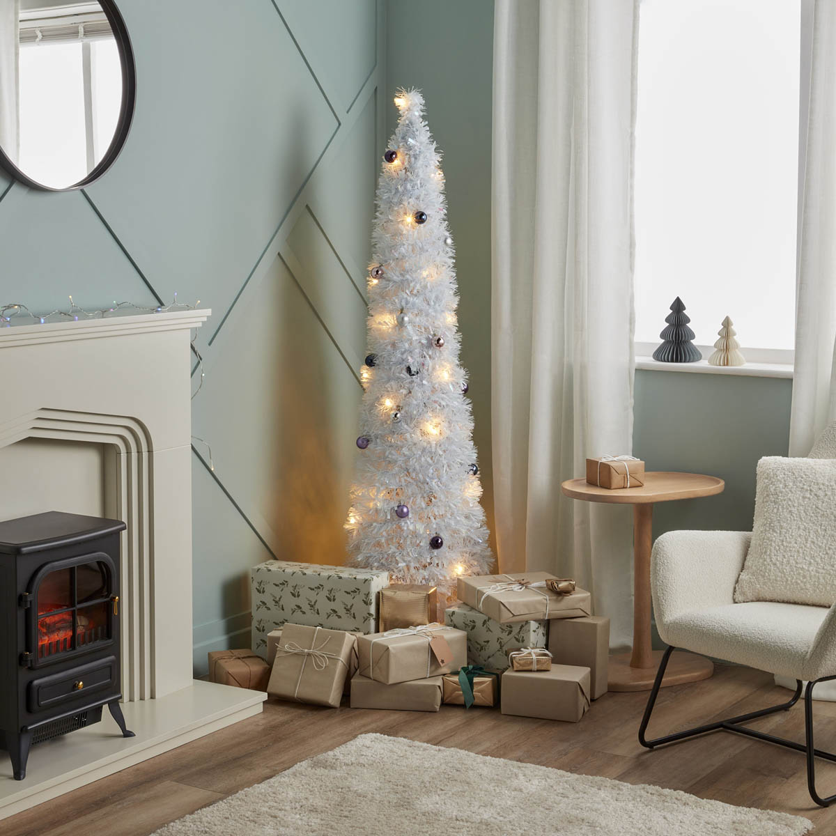 Christmas Tree 6ft White Slim Artificial LED Pre Lit 40 Warm White Timer Baubles - Image 1