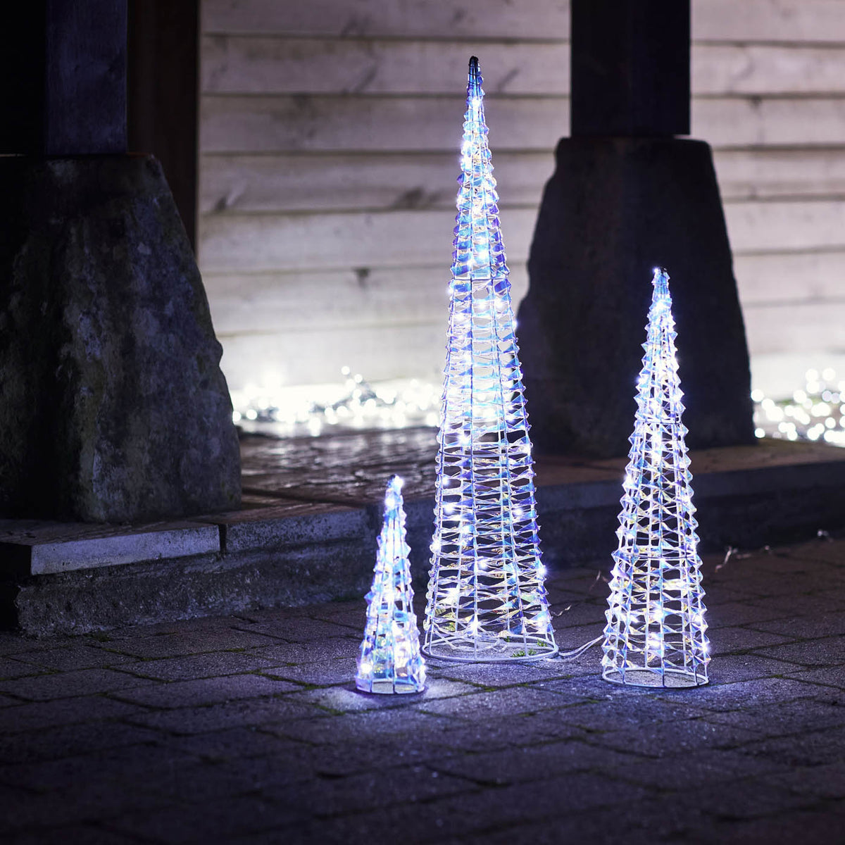 Christmas Cone Trees Silhouette Ice White LED Freestanding 3 Pack (H) 750mm - Image 1
