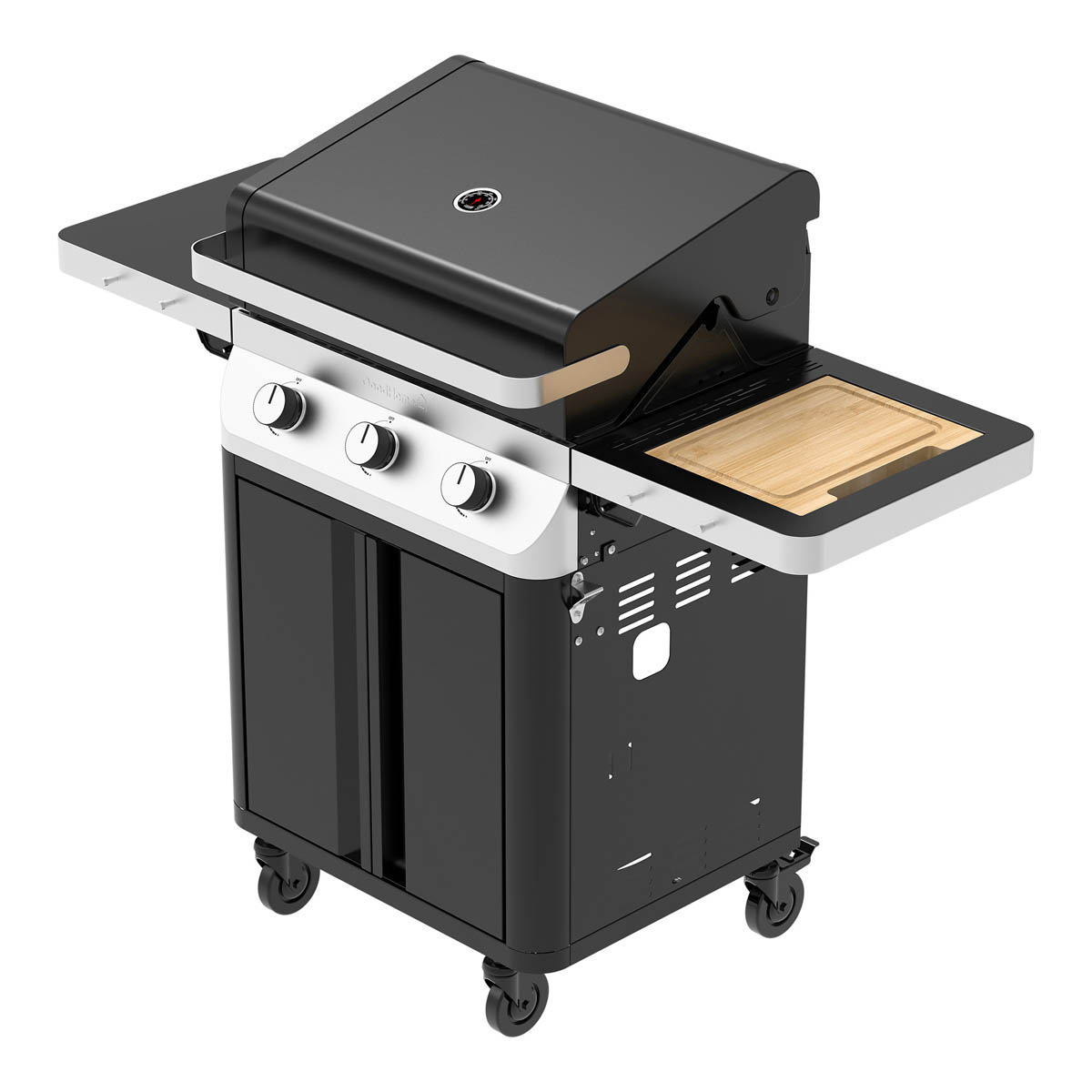 Gas BBQ 3 Burner Black Steel Side Shelves Outdoor Barbecue Electronic Ignition - Image 1