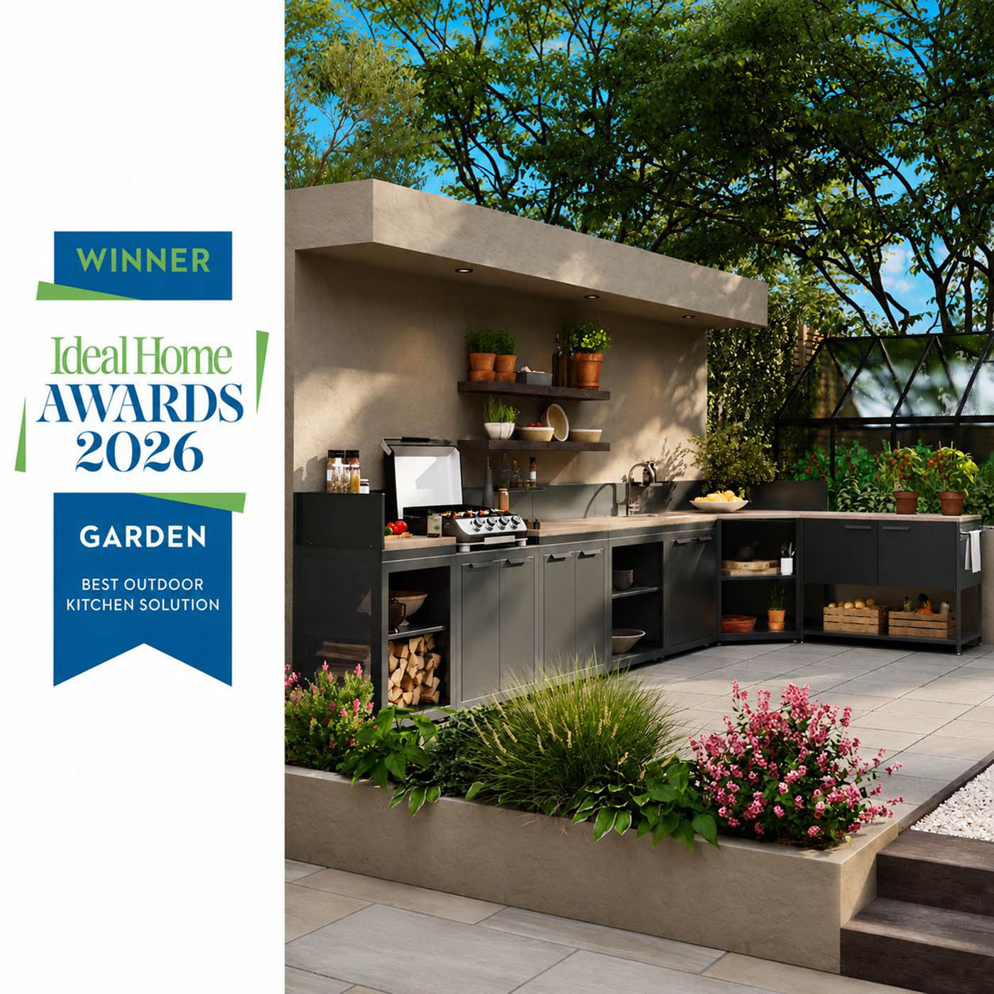 GoodHome Cucino Powder-coated Grey Open Steel Wood effect Outdoor kitchen cabinet unit - Image 9