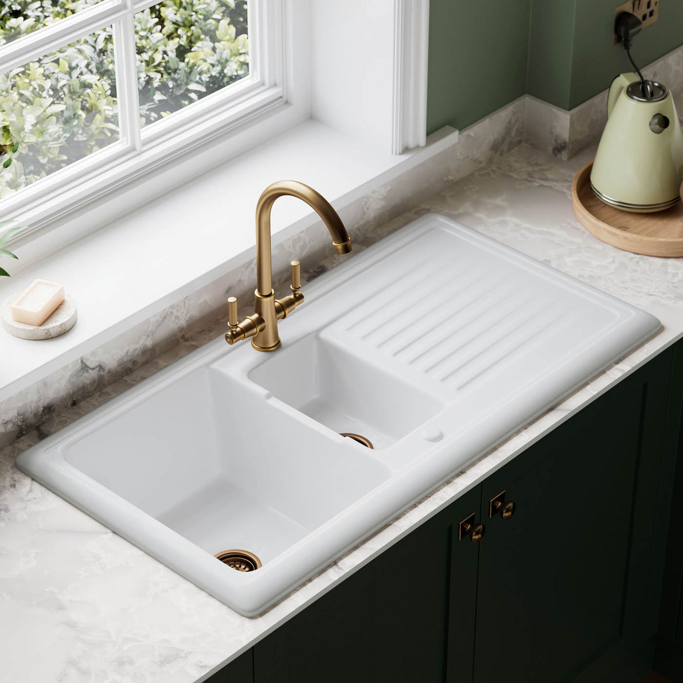 Abode Ridge Kitchen Tap Mixer Aged Brass Dual Lever Swivel Spout Modern Faucet - Image 2