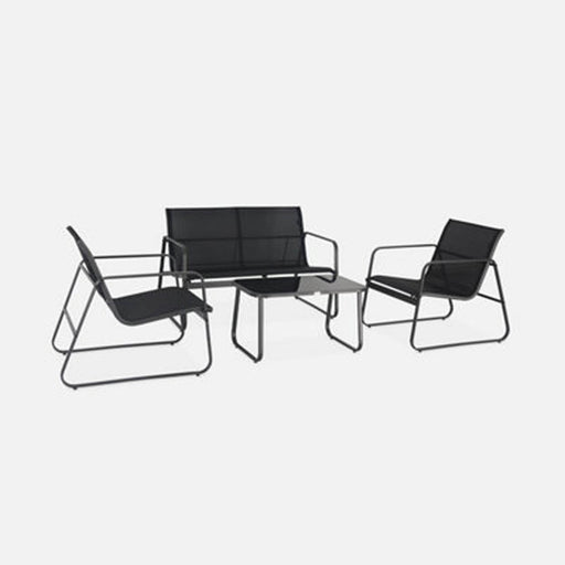 4-seater metal garden sofa set - 1 sofa 2 armchairs 1 coffee table - Silvi - Black metal Black textilene - Image 1