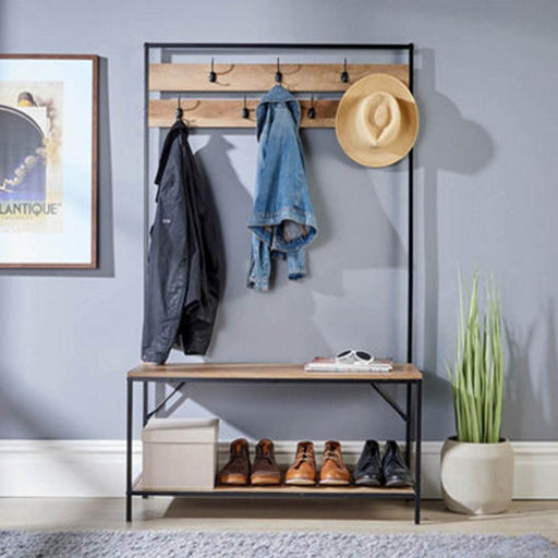 Coat Rack Stand Hat Shoe Storage Unit Bench Oak Effect Home Hallway Freestanding - Image 1