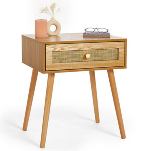 Bedside Table Rattan Wicker Wooden Cabinet 1 Drawer Lounge Bedroom Nightstand - Image 1