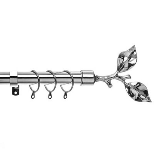 28mm Leaf Metal Curtain Pole Set 210-300cm Chrome Finish with Rings, Finials, Brackets & Fittings - Image 1