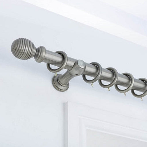 A.Unique Home Ribbed Wooden Curtain Pole with Rings and Fittings - 35mm - 240cm - Antique Silver - Image 1