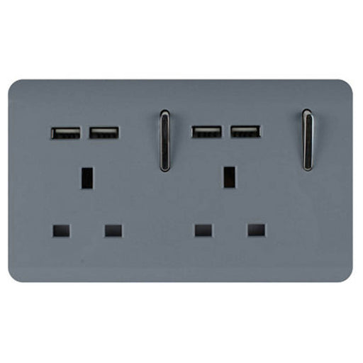 Wall Plug Socket 2 Gang 4 Port USB Type A Matt Grey Screwless Switched 13A - Image 1