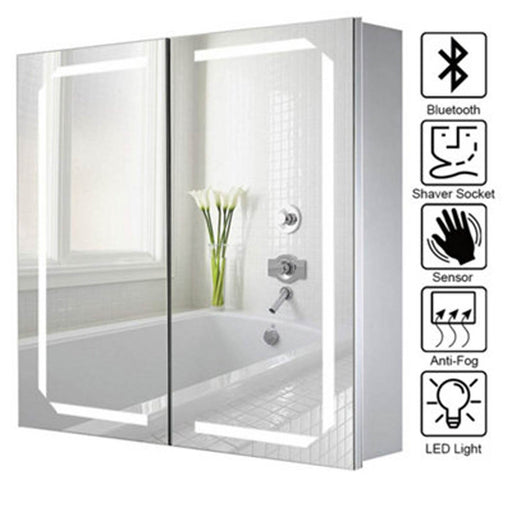 Bathroom Mirror Cabinet LED Bluetooth Speaker Shaver Socket Anti Fog Storage - Image 1