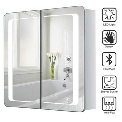 Bathroom Mirror Cabinet Shaver Socket Bluetooth Speaker LED Anti Fog Storage - Image 1