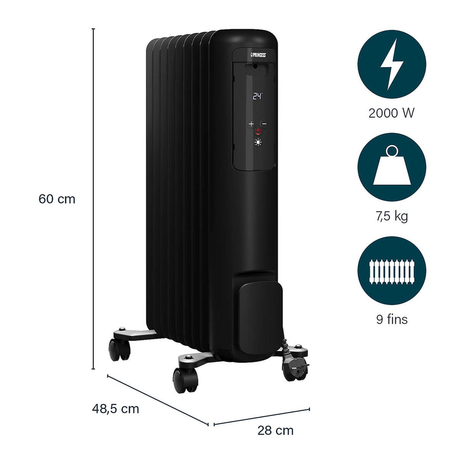 Princess Smart Oil-Filled Radiator Portable Electric Black LED Display Timer 2kW - Image 3