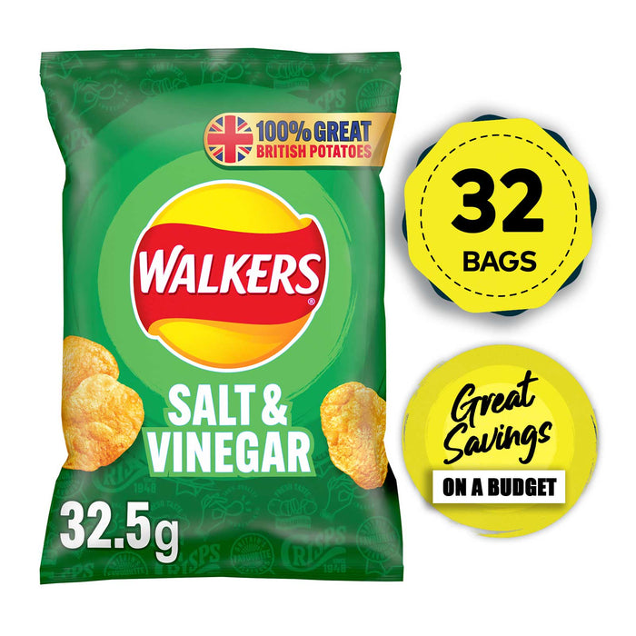 Walkers Crisps Salt & Vinegar Lunch Sharing Snack Pack of 32 x 32.5g - Image 1