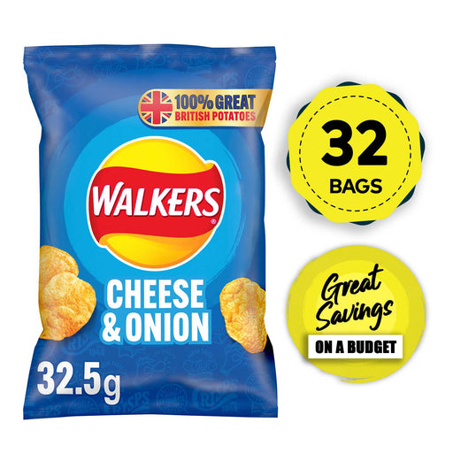 Walkers Crisps Cheese Onion Snack Pack Lunch 32 Bags x 32.5g - Image 1