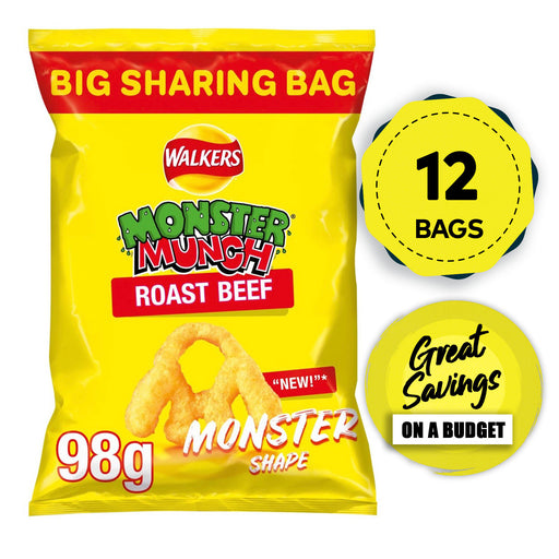 Walkers Crisps Monster Munch Roast Beef Sharing Bag Snacks 12 Pack of x 98g - Image 1
