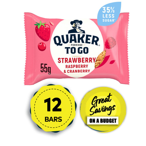 Quaker Oats Porridge To Go Strawberry Raspberry Cranberry Bars 12 x 55g - Image 1