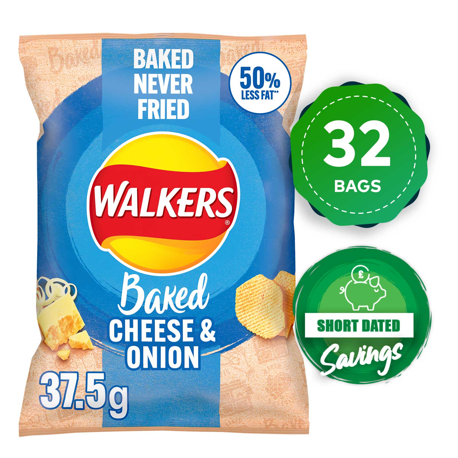 Walkers Baked Crisps Cheese & Onion Snack Sharing Lunch 32 x 37.5g - Image 1