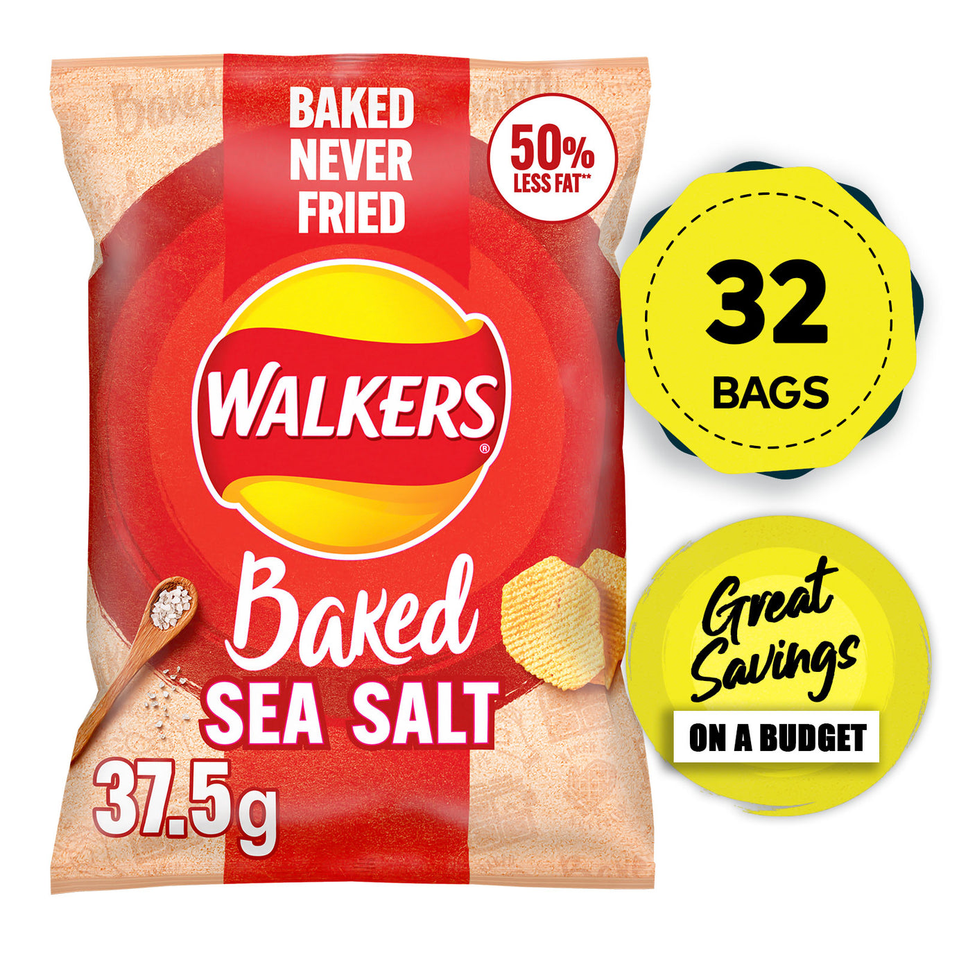 Walkers Crisps Baked Ready Salted Multipack Sharing Snack 32 x 37.5g - Image 1