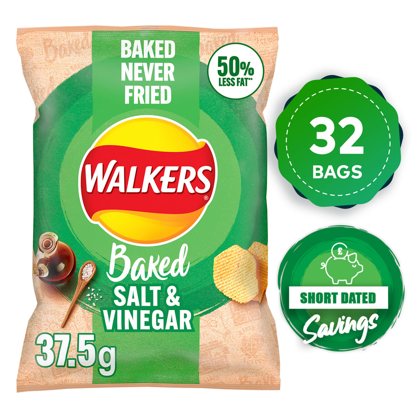 Walkers Baked Crisps Salt & Vinegar Snacks 32 Pack of 37.5g - Image 1