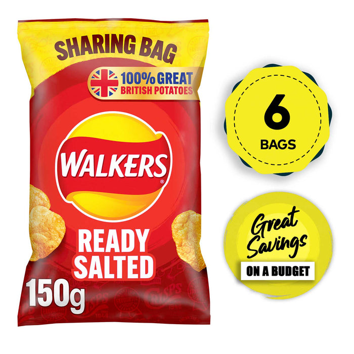 Walkers Crisps Ready Salted Lunch Sharing Snacks 6 Bags x 150g - Image 1