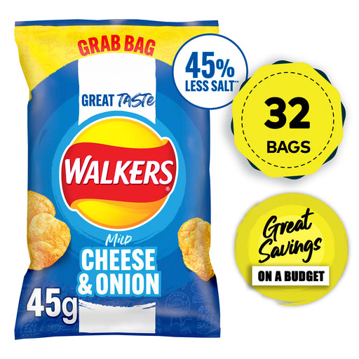 Walkers Mild Cheese Onion Less Salt Crisps Snacks Sharing Bundle 32 pack x 45g - Image 1