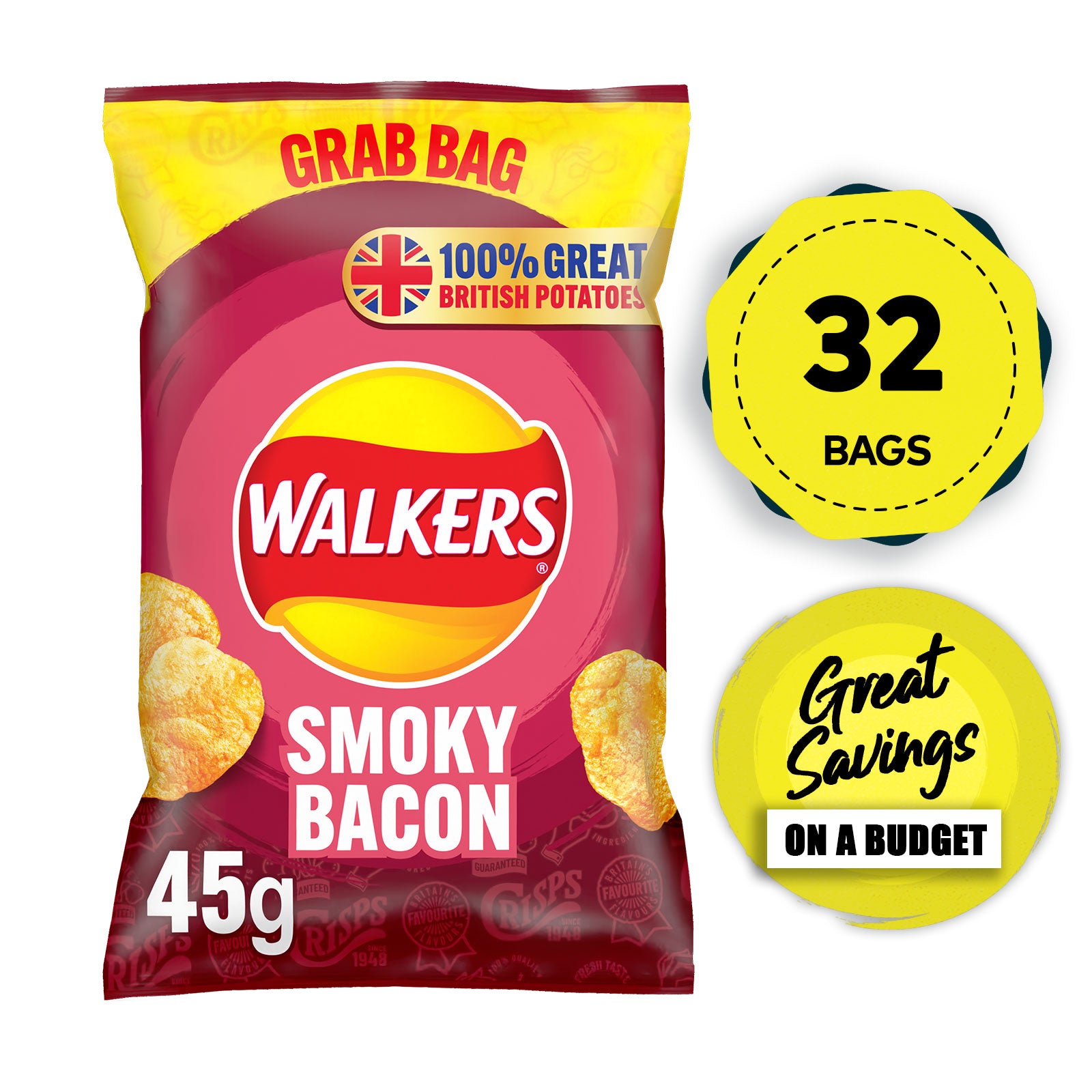 Walkers Crisps Smokey Bacon Snack Sharing Box of 32 x 45g - Image 1