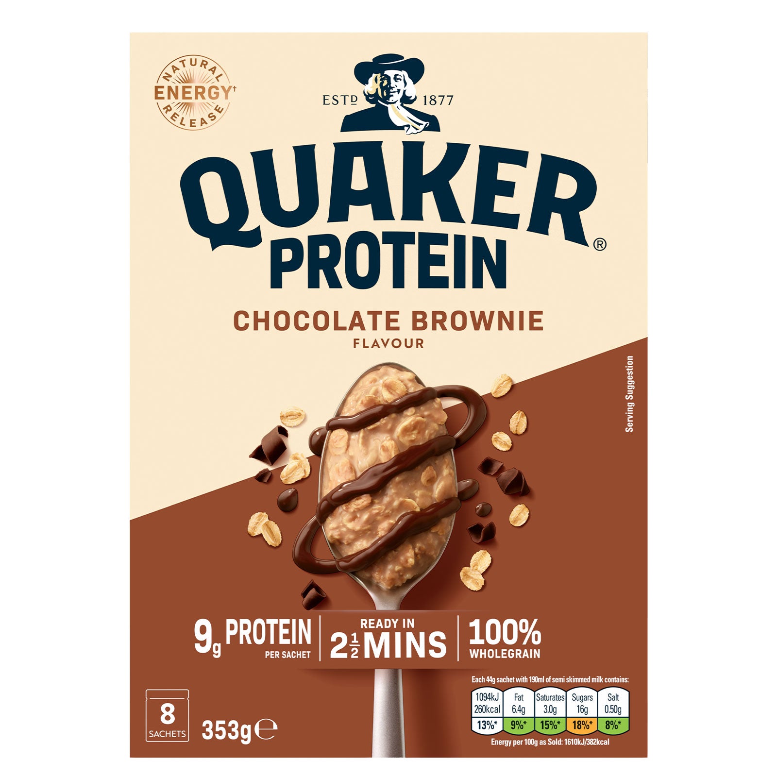 Quaker Oats High Protein Chocolate Brownie Porridge Sachets 48 x 44g - Image 2