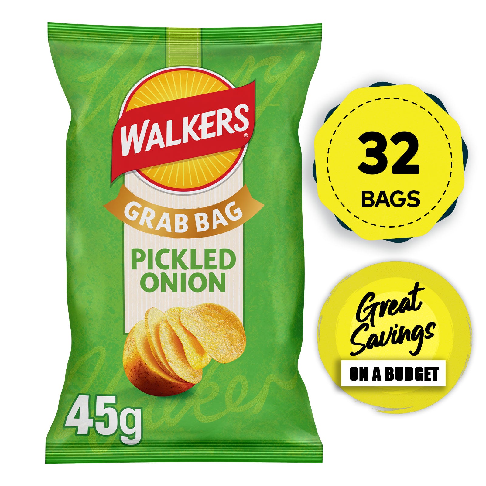 Walkers Snacks Pickled Onion Grab Bag Crisps 32 x 45g - Image 1
