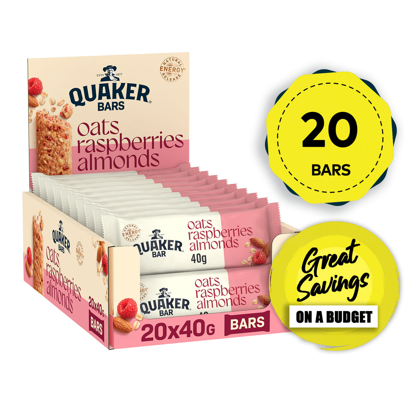 Quaker Breakfast Bar Oat Cereal Bar with Raspberry & Almonds 20 x 40g - Image 1