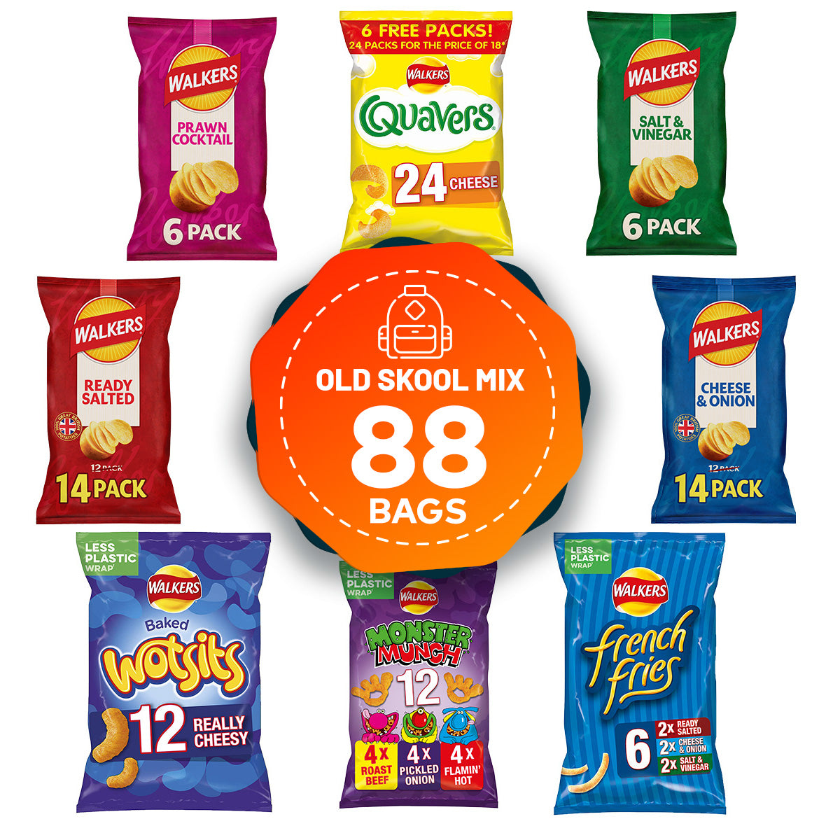 Walkers Crisps Salt Vinegar Quavers Cheese Prawn Cocktail Bundle 88 Bags - Image 1